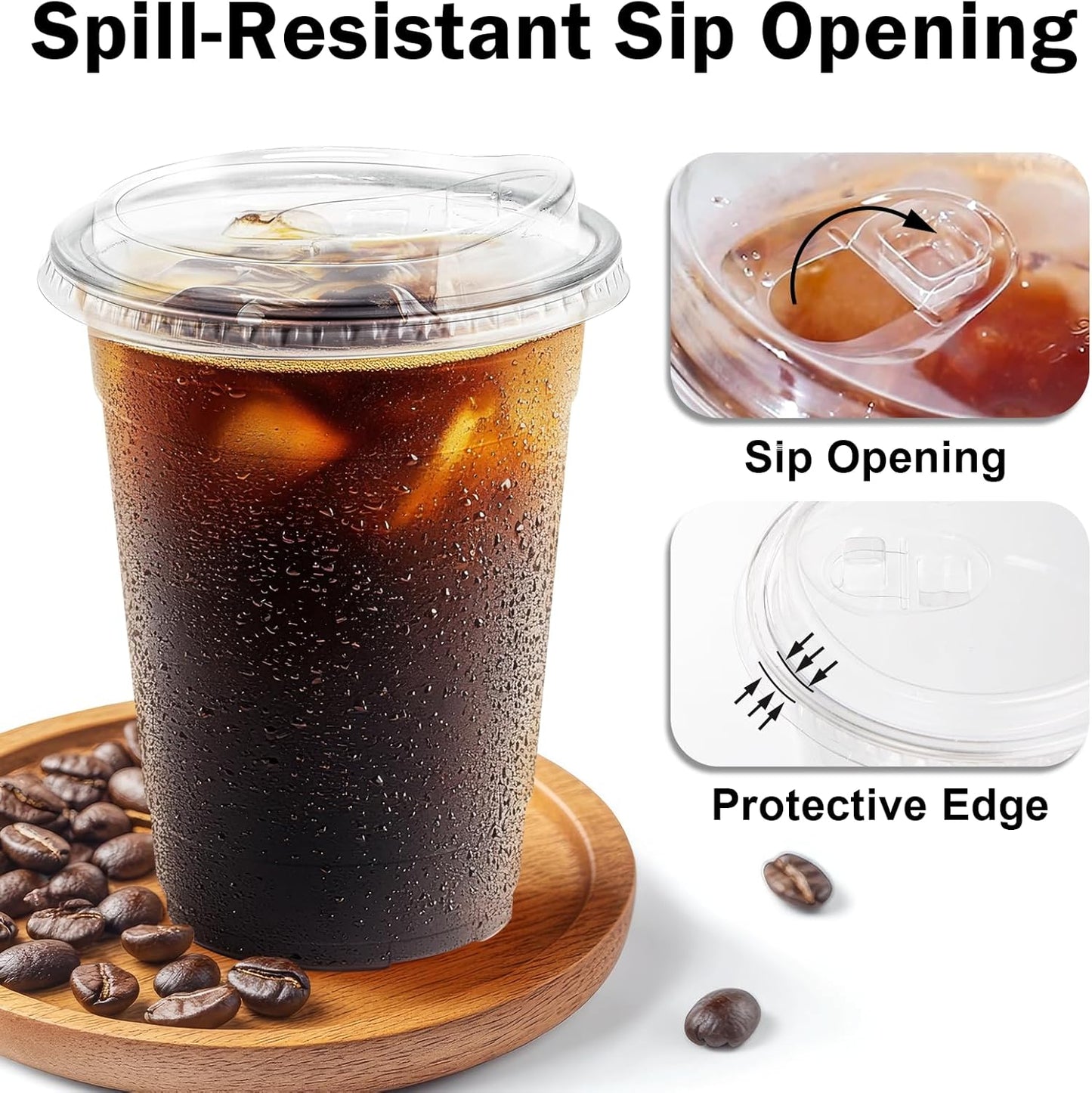 100 Pack 16 oz Clear Plastic Cups with Lids, Disposable Iced Coffee Cups with Sip Lids, Sturdy Plastic Smoothie Cups for Cold Drinks