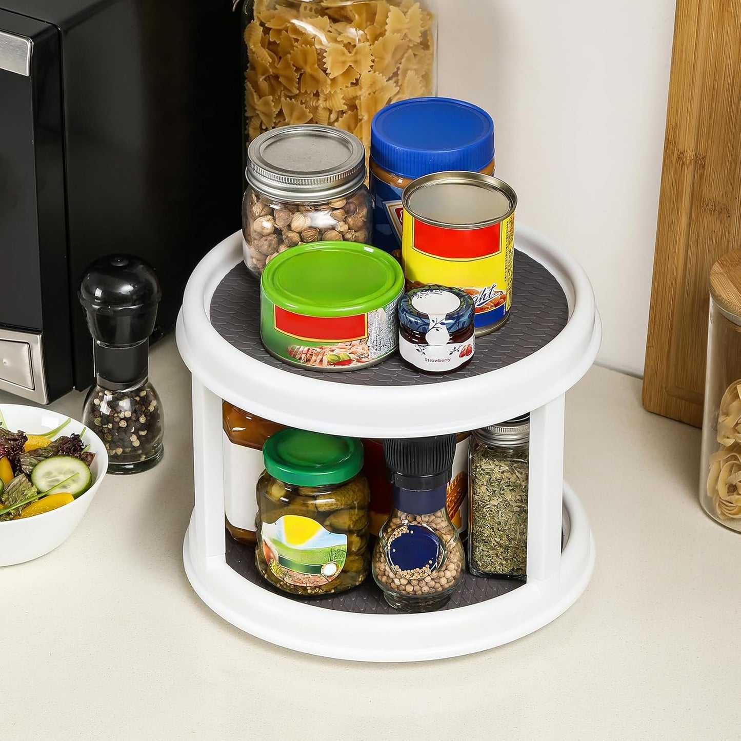 2 Pack, 2 Tier 10" Turntable Lazy Susan Spice Organizer - Rotating Seasoning Rack Spinner for Pantry Cabinet Kitchen Countertop, Table Top Organizing - Multiuse Two Tier Rotating Organization Rack