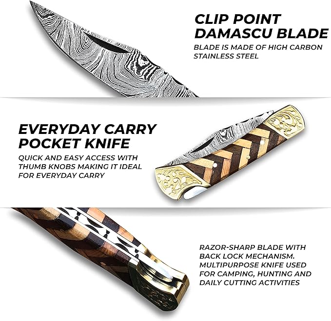 Handmade Damascus Pocket Knife with Sheath, 7" Folding Hunting Knife with Wood Handle, Small Camping Knife for Outdoor