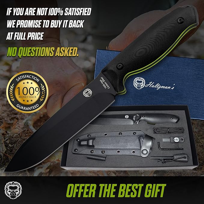 Holtzman's Gorilla Survival 'Fireline' Fixed Blade Hunting Knife with Sheath, Fire Starter Scraper & Paracord (Green)
