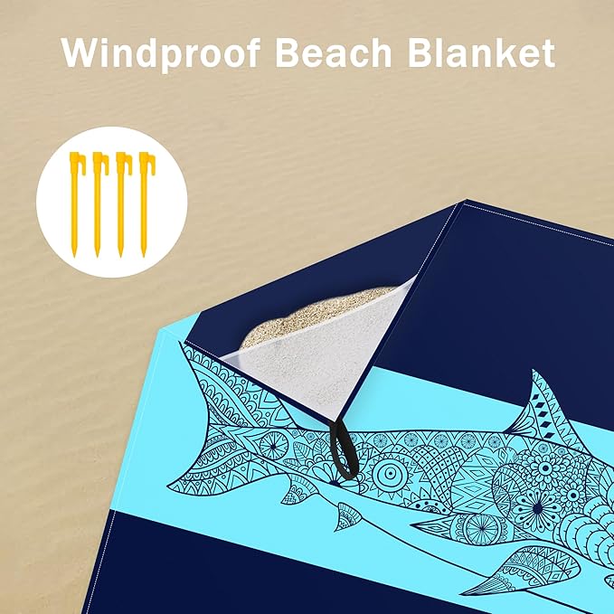 78''×86'' Large Beach Blanket Sandproof, Waterproof Sand Free Beach Mat 4 Adults w/ 4 Stakes & Pockets, Lightweight Foldable Outdoor Picnic Blanket for Camping, Travel, Hiking Accessories - Navy Shark
