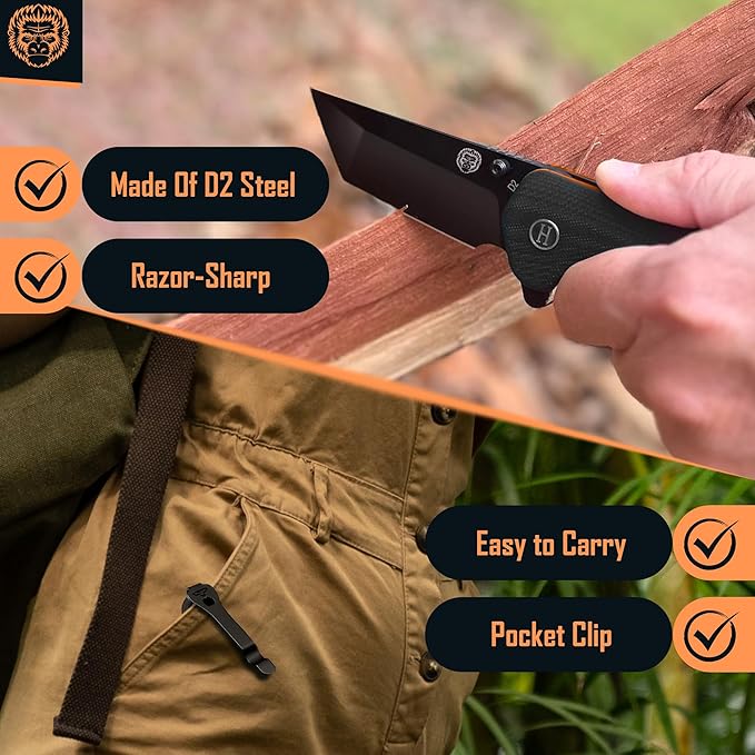 Holtzman's Gorilla Survival Folding Knife D2 Steel Blade G10 Handle Pocket Knife EDC Giftset for Men and Women (black blade + black/orange liner)