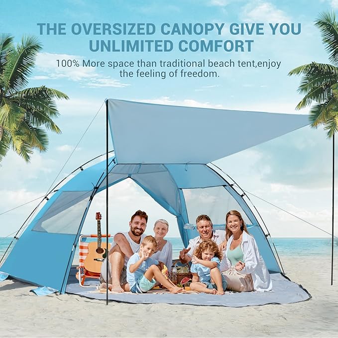 Elegear Beach Tent Sun Shelter with Canopy, 6-8 Person Pop Up Beach Tent, Easy Setup UPF 50+ UV Protection Portable Lightweight Double Silver Coating Beach Cabana Sun Shade Shelter - Sky Blue