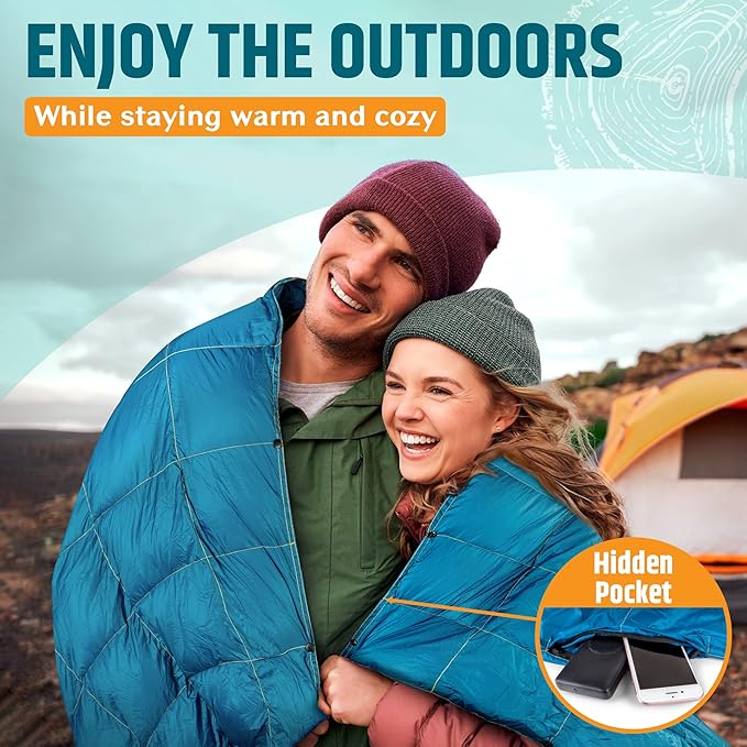 Puffy Camping Blanket Packable Vegan (Down Alternative) Compact Lightweight XL Blankets for Outdoor Cold Weather Backpacking Hiking Travel Stadium - Water-Resistant