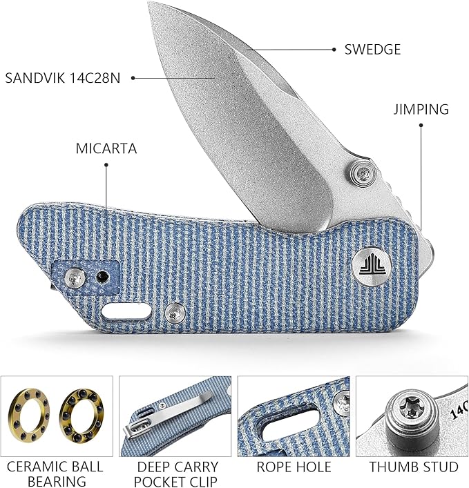 Folding Pocket Knife for EDC,2.32in Sandvik 14C28N Stainless Steel Blade,Blue Micarta Reversible Deep Carry Clip Handle,Thumb Studs Knives for Men,Bootes-04L