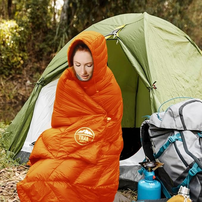 Luxurious Ultralight Down Camping Blanket | Perfect for Backpacking | Packable Puffy Outdoor Quilt with Hood & Pad Straps | Ideal for Travel Camping & Soccer Moms | 80x54 Orange