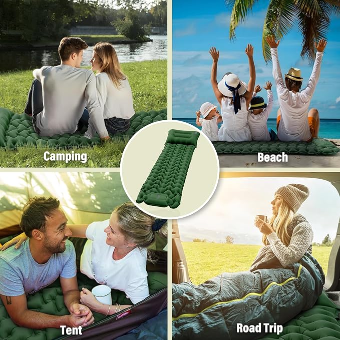 Sleeping Pad, 50D Inflatable Camping Mat with Pillow Built-in Foot Pump Sleeping Mat Waterproof Portable and Compact Camping Mattress for Backpacking Hiking Traveling Tent Air Mattress (Green)