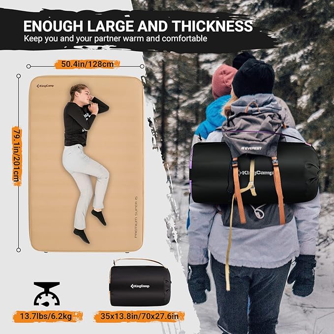 KingCamp Extra Thick 5.9 INCH Double Self Inflating Camping Mattress with 12 R-Value, Sleeping Pad Enlarge Foam Camping Pad, 4 Season Insulated Camping Mat for Tent, Car, 79.1'' x 50.3'' x 5.9''