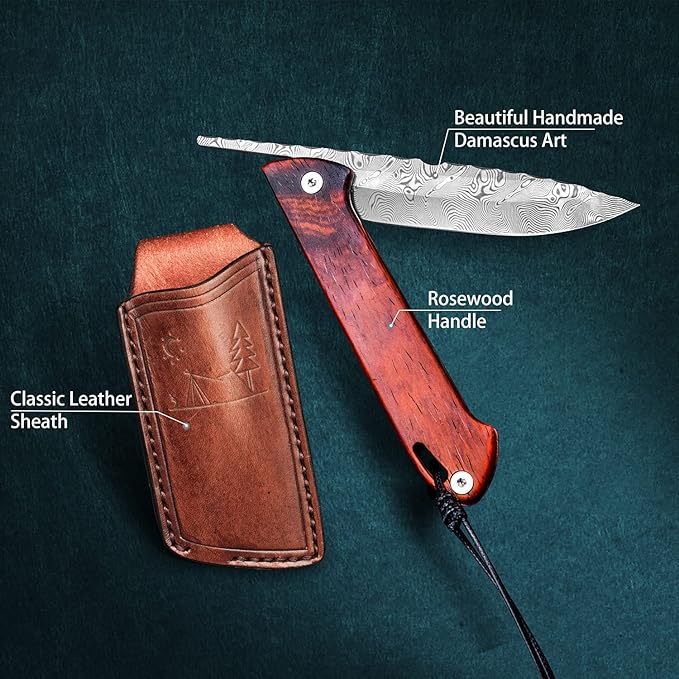 handmade japanese damascus steel blade folding knife tactical pocket knives rosewood handle edc knives with sheath for men