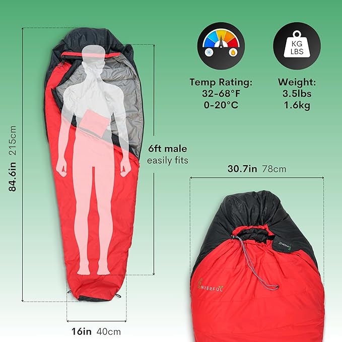 Duck Down Mummy Sleeping Bag for Adults – Cold & Warm Weather Sleeping Bags – Lightweight, Compact & Portable Camping – Sleep Bag for Hiking & Backpacking – Compression Carrying Bag