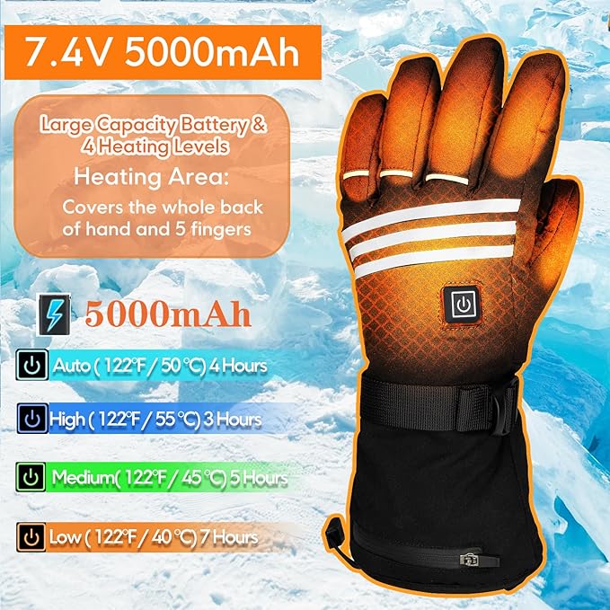 Heated Gloves for Men Women, Rechargeable 5000mAh Windproof Battery Electric Gloves Camping Hand Warmers, Touchscreen for Motorcycle Outdoor Skiing Cycling Hiking Working
