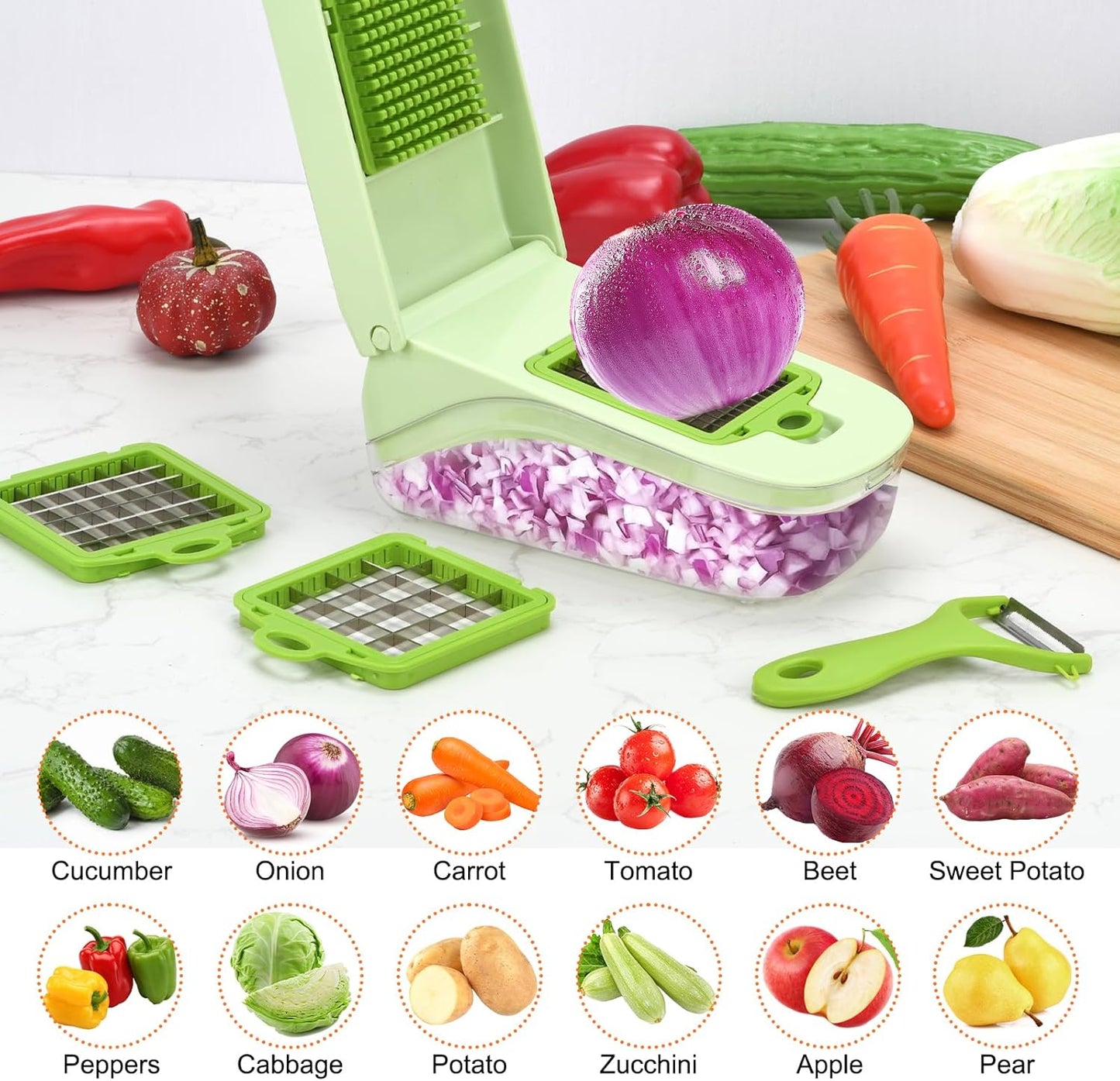 14-in-1 Vegetable Chopper, Multifunctional Veggie Onion Chopper Food Chopper with Container Vegetable Slicer Mandoline Onion Salad Cutter Dicer Essentials Kitchen Accessories