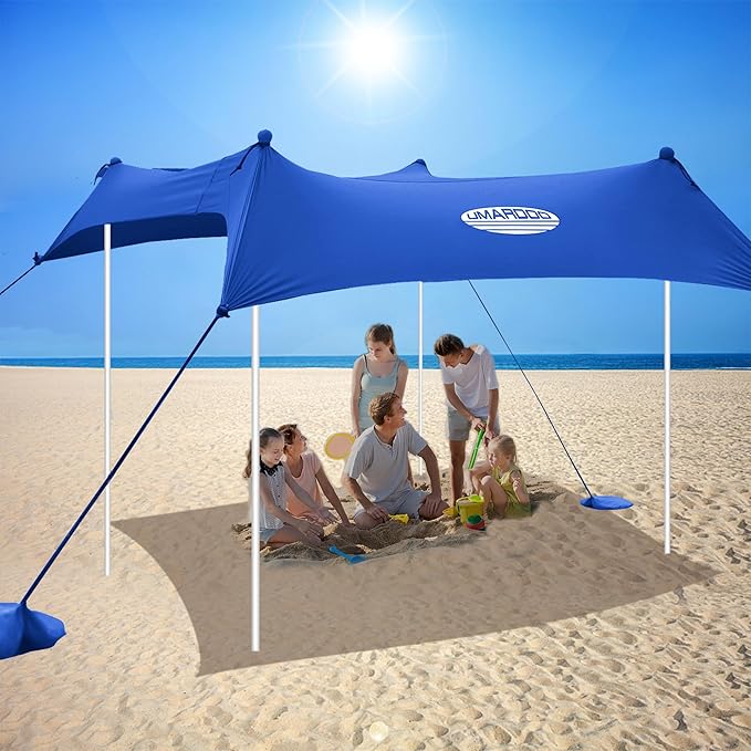 UMARDOO Family Beach Tent Canopy Sun Shade Portable 7×7FT, Large Wind Resistance Beach Sun Shelter Easy Setup with Packable Carry Bag for Outdoor Travel UPF 50+(Blue)