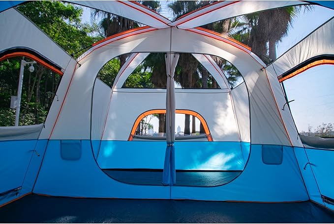 KTT Extra Large Tent 10-12-14 Person(A),Family Cabin Tents,2 Rooms,3 Doors and 3 Windows with Mesh,Straight Wall,Waterproof,Double Layer,Big Tent for Outdoor,Picnic,Camping,Family Gathering