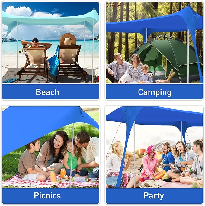 Beach Tent Pop Up Shade Canopy Sun Shelter UPF50+ with 2 Stability Poles/Carry Bag/Ground Pegs/Sand Shovel/Windproof Ropes Portable Outdoor Family Sunshade for Camping (Royal Blue,7×7FT)