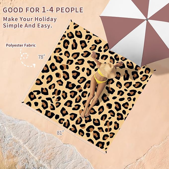 BYDOLL Beach Blanket 78''×81'' 1-4 Adults Leopard Waterproof Sandproof Oversized Lightweight Beach Blanket Large Picnic Mat Beach Blanket for Beach Travel Camping Hiking Picnic