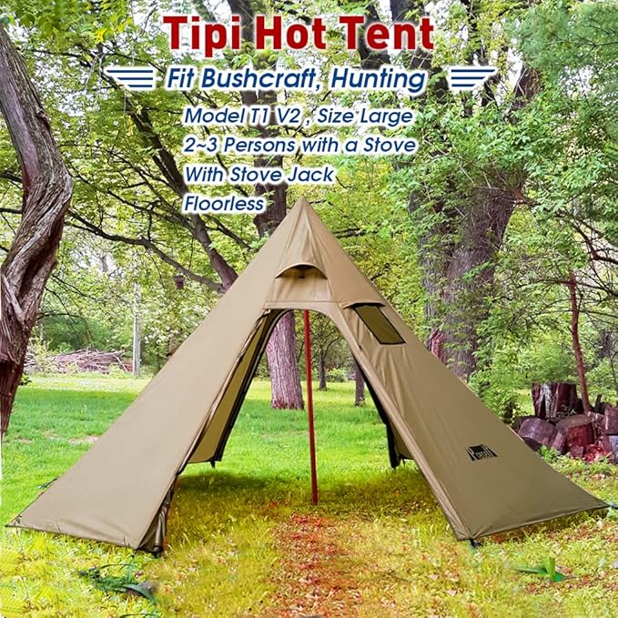 PRESELF 2-3 Person Tipi Hot Tent Version2 with Stove Jack, for Hunting Bushcraft, Lightweight, Standing Room, Teepee Backpacking Camping Hiking