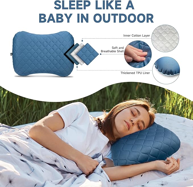 Inflatable Travel Pillow, 2-in-1 Camping Pillows for Sleeping with Removable Cover, Ergonomic & Lightweight Small Backpacking Pillow for Travel, Hiking, Camping, Outdoor