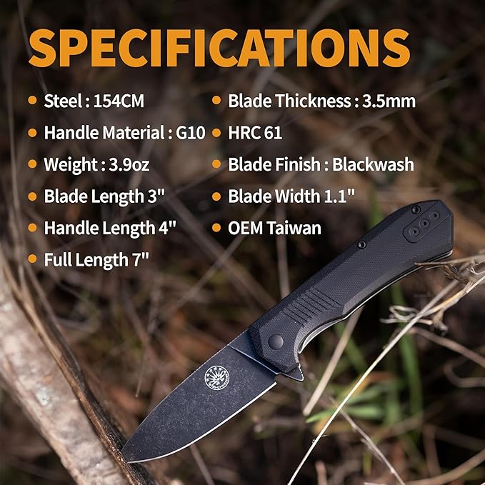 Off-Grid Knives - Stinger EDC Folding Knife with Drop Point Blade, Full Flat Grind, Crucible 154CM Steel, G10 Scales, Deep Carry Clip, Everyday Carry (Blackout)