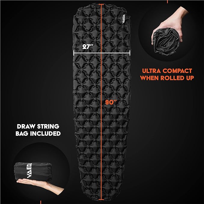 VAEDA Inflatable Sleeping Pad for Camping - Portable & Compact Camping Mat for Sleeping - Ultralight & Waterproof Backpacking Sleeping Mat for Hiking, Traveling & Outdoor Activities