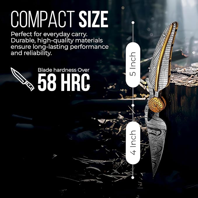 Premium Damascus Steel Pocket Knife - Folding Knife - Survival Knife - Ideal Gifts for Men, 10cm Blade, 12cm Handle, Over 200 Layers, Tactical Survival & Hunting Knife - High Hardness Over 58 HRC