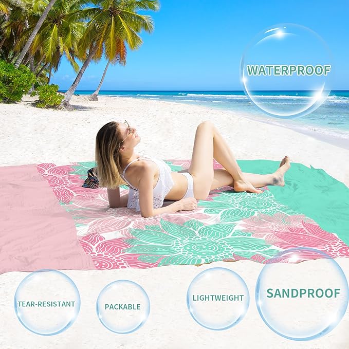 BYDOLL Beach Blanket Sandproof Waterproof 78''×81'' 1-4 Adults Compact Lightweight Oversized Beach Blanket Large Picnic Mat Beach Blanket for Travel Camping Hiking Picnic