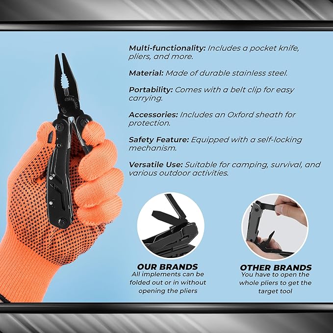 Multitool 12-in-1 with EDC Pocket Folding Knife,Needle Nose Pliers, Wire Stripper, Pocket Clip, Screwdriver Sleeve, Stainless Steel Multi tool Gear for Outdoor, Survival, Camping, Hiking, Repair