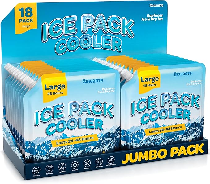 Reusable Ice Packs for lunch Boxes, Coolers (18 Pack) Ice Pack for Outdoor Activities Like Camping & Travel - keep drink & Food Cold Up to 48 Hours with No Mess of Melting Ice.