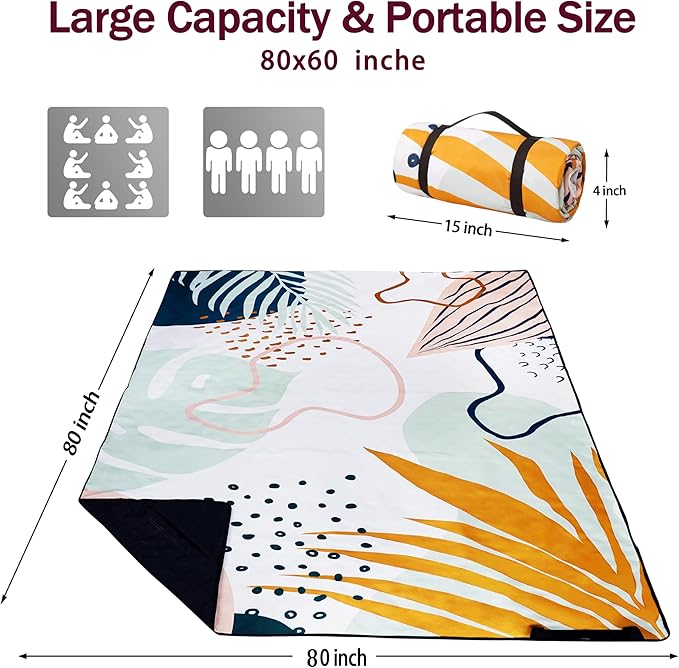 Picnic Blankets Beach Blanket 80" X 80" Extra Large Waterproof Camping Blankets Portable Outdoor Mat 3-Layer blanket for Beach, Hiking, Park, Music Festival, Grass Lawn,Travel
