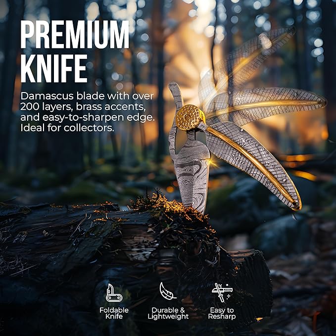 Premium Damascus Steel Pocket Knife - Folding Knife - Survival Knife - Ideal Gifts for Men, 10cm Blade, 12cm Handle, Over 200 Layers, Tactical Survival & Hunting Knife - High Hardness Over 58 HRC