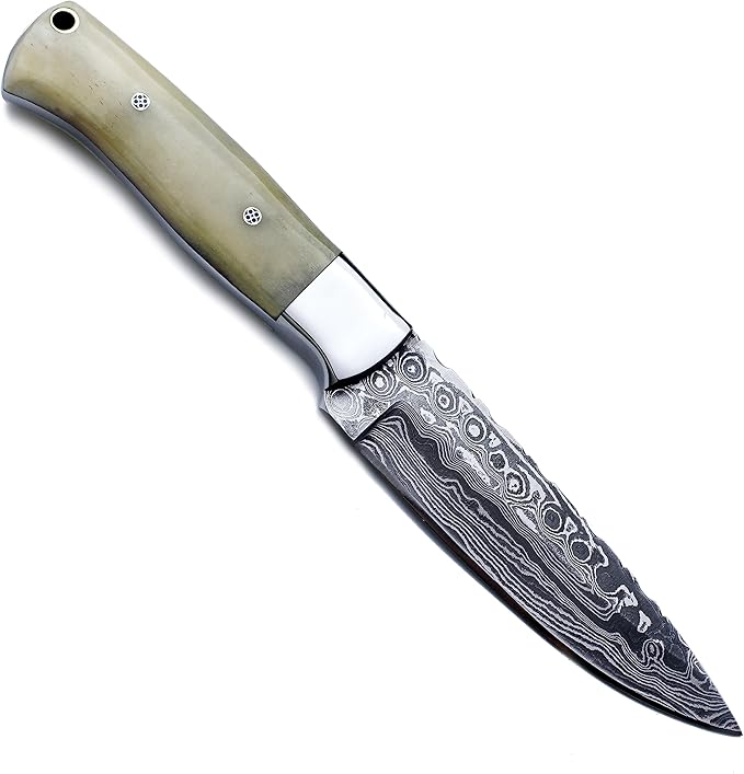 Handmade Damascus Steel Fixed Blade Knife Bowie for EDC,Hunting,Survival,Camping,Bushcraft,and Fishing with Drop Point Full Tang Bone Handel with Cowhide-Leather Sheath-WKD-789