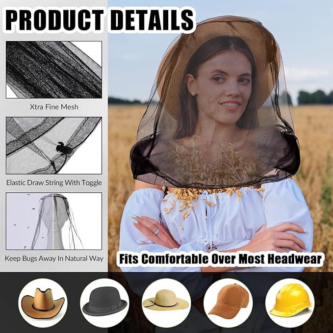 HESTYA 4 Pack Mosquito Net Mesh for Head Face Neck Fly Netting Hood from Bugs Gnats No See Net with Carry Bags for Outdoor