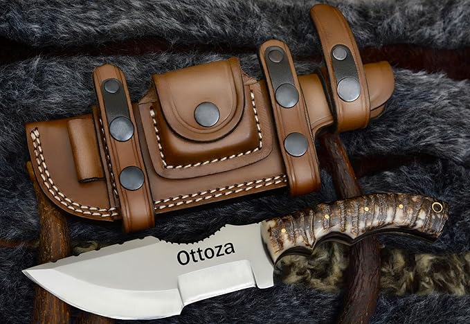 Ottoza Tracker Knife & Ram Horn Handle - Fixed Blade Hunting Knife - Horizontal Carry Knife Sheath 376