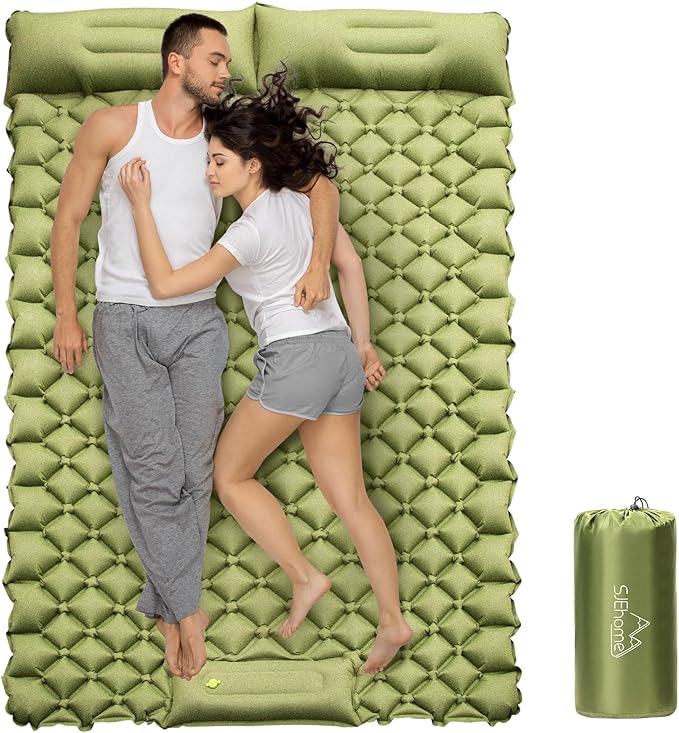 SJEhome Double Sleeping Pad for Camping, Low Noise Self Inflating Camping Pad, Inflatable Camping Mattress with Pillows Built-in Pump, Portable Camping Mat for Tent Backpacking Hiking Traveling