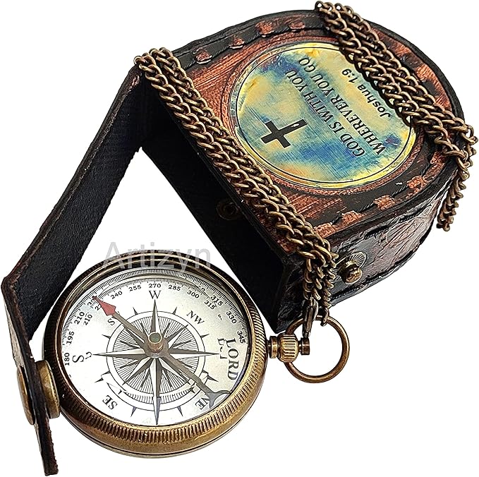 Brass Compass Engraved with Bible Scripture God is with You Wherever You Go Joshua 1:9 Religious Gift, Directional Magnetic Compass with Chain & Leather Carry Case, Baptism Gifts, Confirmation Gifts