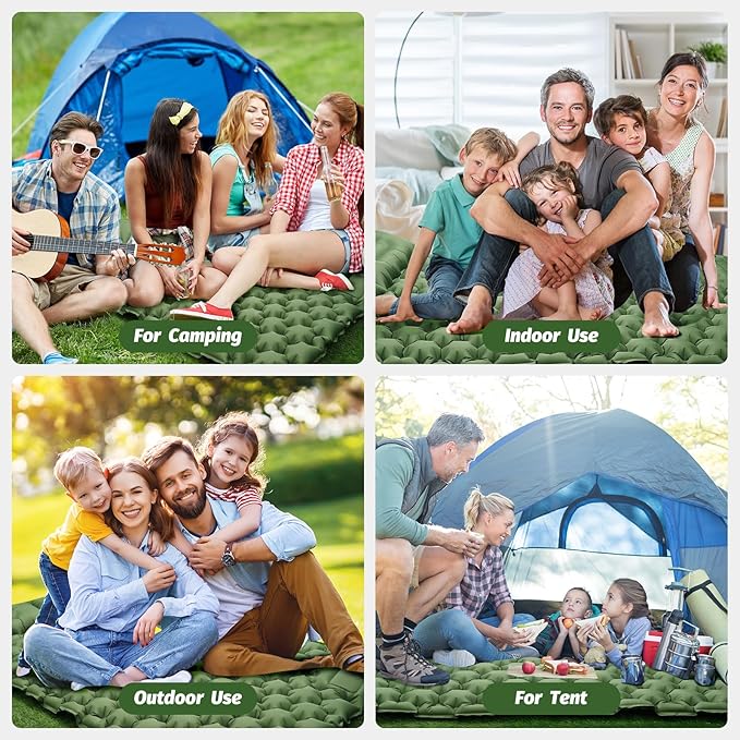 LAMA Double Sleeping Pad for Camping, 2 Persons Self Inflating Camping Mat for Sleeping, Ultralight Sleeping Mat with Pillow Built-in Pump, Ultra-Thick Air Mattress for Backpacking, Hiking, Green