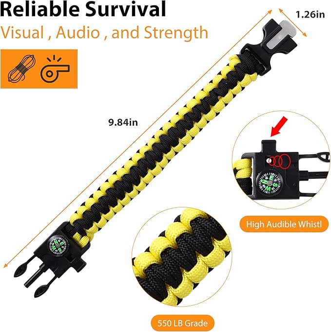 Bracelets,Survival Bracelets for Men Paracord Tactical 5-in-1 Camping Gear Kits,with 12-ft Detachable Parachute Rope,Fire Starter,Embedded Compass,Whistle&Emergency Multitools