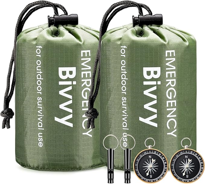 Esky Emergency Sleeping Bag, 2 Pack Portable Thermal Bivy Sack, Waterproof Lightweight Emergency Blanket Survival Gear with Compass and Whistle for Camping Hiking Outdoor Adventure