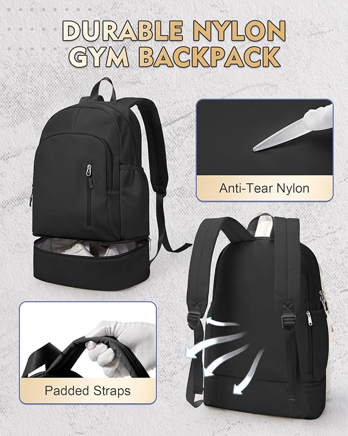 Gym Backpack for Women Men, Lightweight Gym Bag with Shoe Compartment, Waterproof Sports Backpack with Wet Pocket, Black