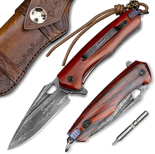Damascus steel multifunctional EDC folding knife with self assembling pocket clip, lining lock, leather sheath, one piece disassembly pocket knife