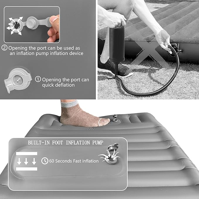 ONTYZZ Inflatable Sleeping Pad Ultralight Inflatable Sleeping Pad Camping Sleeping Pads with Pillow and Built-in Foot Pump for Hiking Traveling Camping, Grey