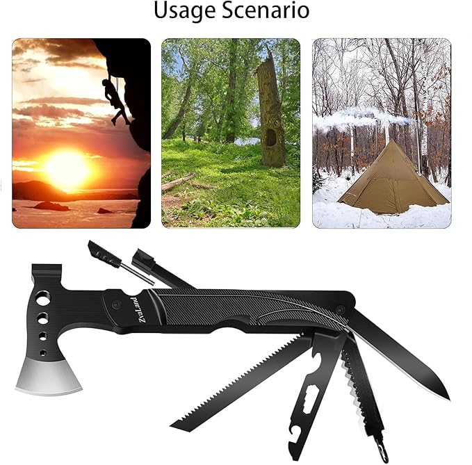 Adventure Multitool Axe Set - 14-in-1 Survival Hatchet for Camping, Hiking, Fishing. Axe, Hammer, Knife, Saw, Opener, Fire Starter, Whistle. Unique and Versatil Gift for Men