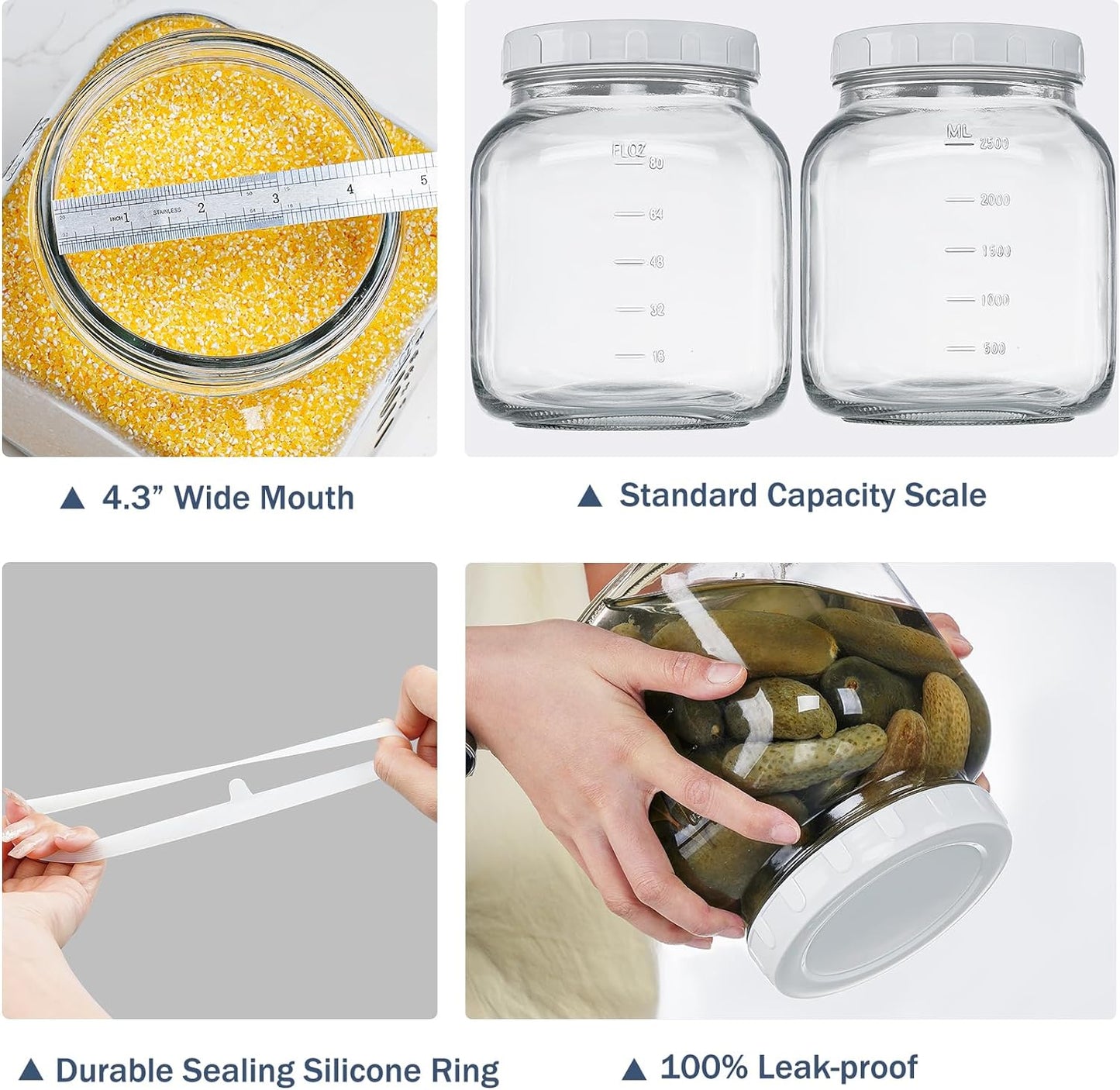 2 Pack 0.8 Gallon Glass Jar With Lid, 102 Oz Wide Mouth Mason Jars, Clear Glass Storage Jars With 2 Scale Marks, Canning Jars For Pickling, Rice, Sugar, Flour, Pasta