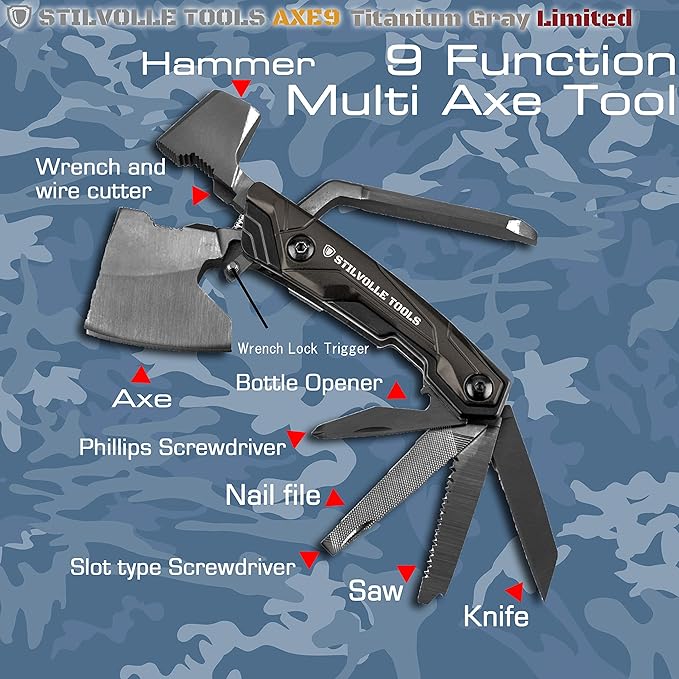Axe 9 ax with 9-Featured Multi-Tool Hammer, Wrench, Wire Cutter, ax, Bottle Opener, Phillips Screwdriver, Flat-Blade Screwdriver, Nail File, Saw, Knife