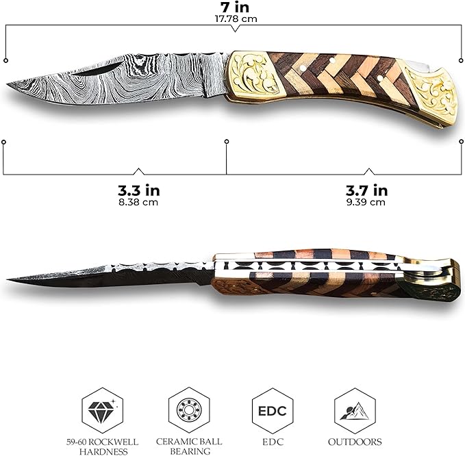 Handmade Damascus Pocket Knife with Sheath, 7" Folding Hunting Knife with Wood Handle, Small Camping Knife for Outdoor