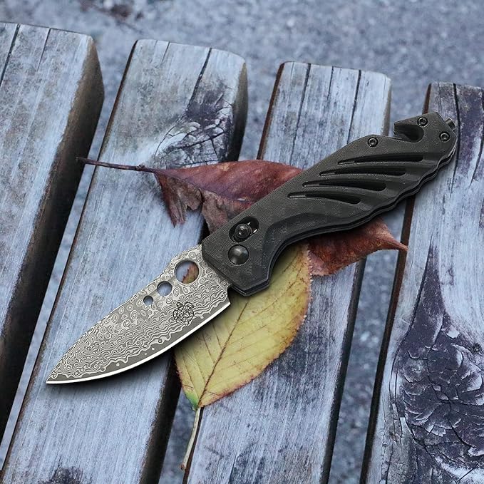 Gifts for Dad Men,Axis Lock Camping Pocket Knife with Damascus Steel Blade,Glass Breaker,Seatbelt Cutter