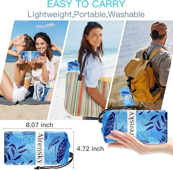 Airensky Beach Blanket, Sandproof Beach Mat 79" X 82" for 4-7 Adults, Large Waterproof Beach Blanket Compact Lightweight Beach Blanket with 4 Stakes for Picnic Camping Travel Hiking(Blue Turtles)