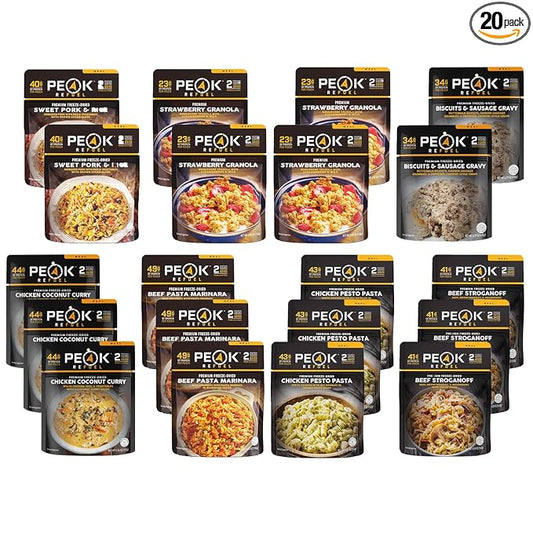Peak Refuel Guide Pack (20 Meals) | Breakfast and Dinner Variety | Freeze Dried Backpacking and Camping Food | Amazing Taste | High Protein | Real Meat | Quick Prep (Bulk 20 Pack Bundle)