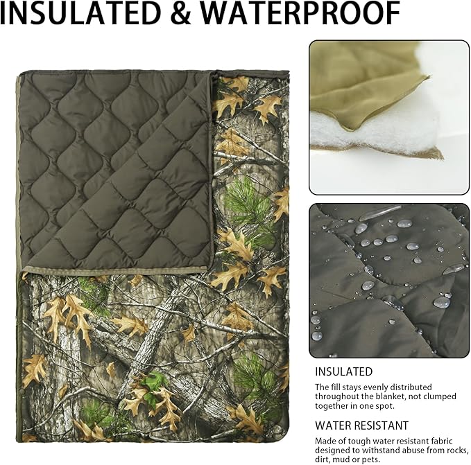 Poncho Liner Hoodie with Pocket Insulated Military Woobie Sleeping Bag Waterproof for Outdoor Camping Travel Survival Hunting Car Emergency