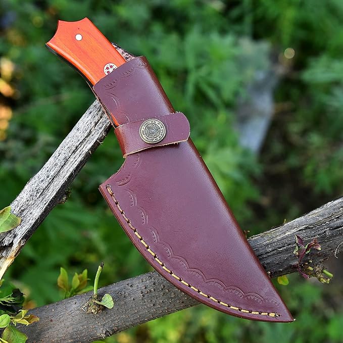 Handmade Damascus Skinning Knife with Sheath, 8-inch Fixed Blade knife Sharpener & Fire Starter for Camping, Outdoor, Bushcraft (RED HANDLE)
